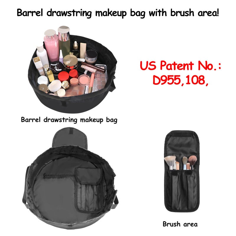 SUMBABO Drawstring Makeup Bag Open Flat â€“ Barrel Drawstring Cosmetic Bag for Women Toiletry Bag for Travel with Brush Bag (Black) - Image 2