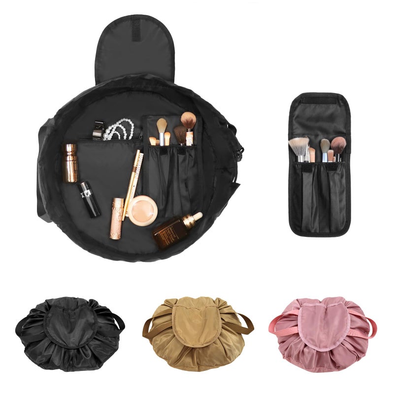 SUMBABO Drawstring Makeup Bag Open Flat â€“ Barrel Drawstring Cosmetic Bag for Women Toiletry Bag for Travel with Brush Bag (Black) - Image 1