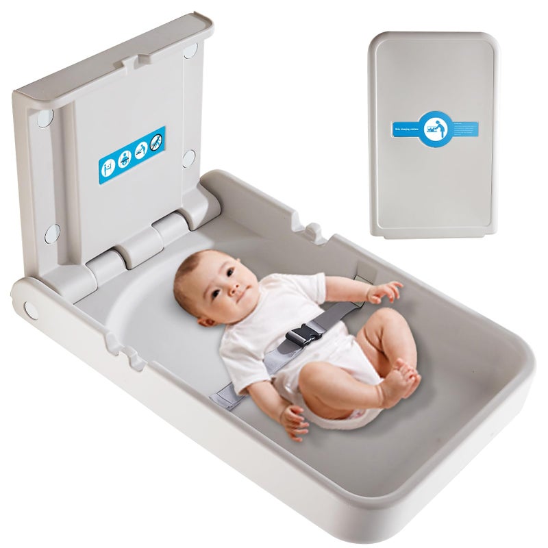 KSITEX Baby Changing Tables FoldDown Baby Changing Station WallMounted Vertical Portable Diaper Table Changing Unit Commercial Bathrooms Corner Nursery White Gray