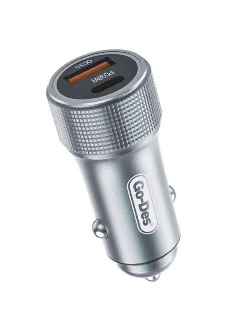 GO-DES PD Qc 3 Pd38w Qc3.0 20W 30W Usbc Type-c Dual Port Mini Car Charger Dual Port 3A High Speed QC 3.0 Car Cigarette Charger 18W PD USB C Quick Charging - Grey - Image 1