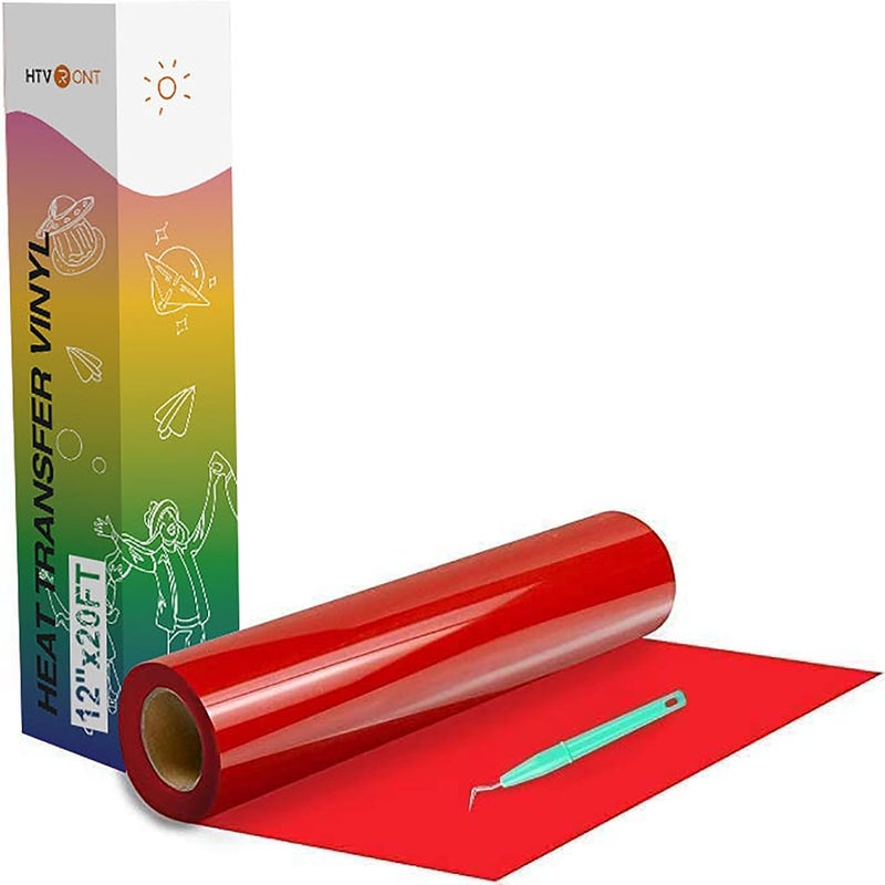 اتش تي في رونت لفائف من فينيل HTV، فينيل نقل الحرارة - 12 بوصة × 20 قدمًا فينيل HTV أحمر للقمصان، حراري لجميع آلات القص - سهل القص والإزالة لتصميم نقل الحرارة (أحمر) - Image 1