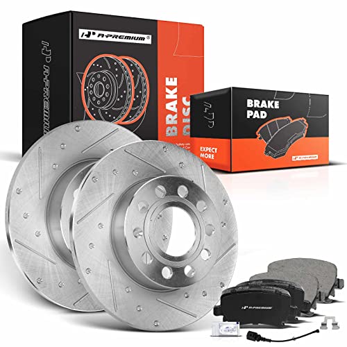 A-Premium 10.23 inch(259.8 mm) Rear Drilled and Slotted Disc Brake Rotors + Ceramic Pads Kit Compatible with Select Audi and Volkswagen Models - A3/ A3 Quattro 2008, Golf 2010, For Jetta, Rabbit - Image 1