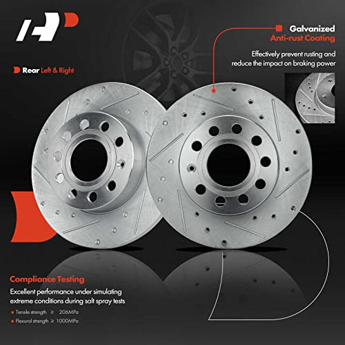 A-Premium 10.23 inch(259.8 mm) Rear Drilled and Slotted Disc Brake Rotors + Ceramic Pads Kit Compatible with Select Audi and Volkswagen Models - A3/ A3 Quattro 2008, Golf 2010, For Jetta, Rabbit - Image 4