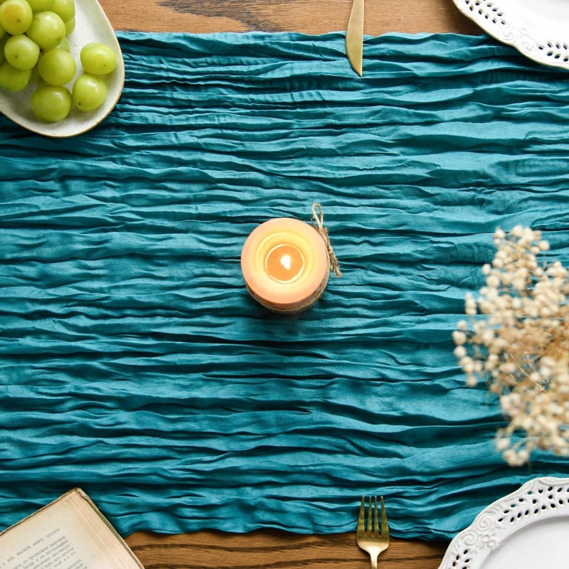 Artoid Mode Boho Teal Blue Gauze Wedding Cheesecloth Table Runner, 35x120 Inch Seasonal Fabric Kitchen Dining Holiday Table Decor for Home Party - Image 4