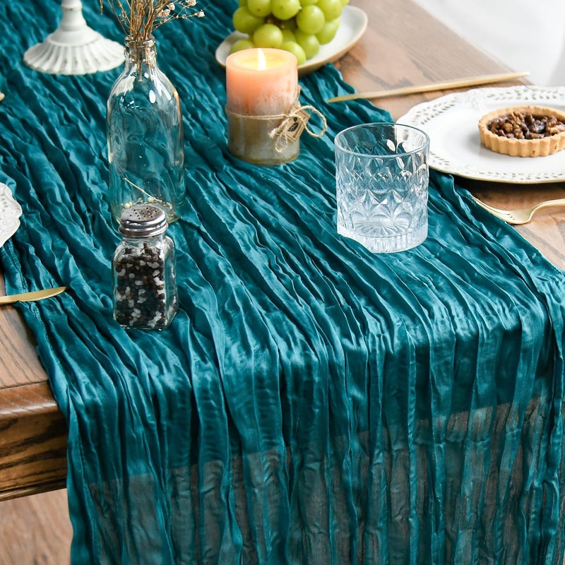 Artoid Mode Boho Teal Blue Gauze Wedding Cheesecloth Table Runner, 35x120 Inch Seasonal Fabric Kitchen Dining Holiday Table Decor for Home Party - Image 1