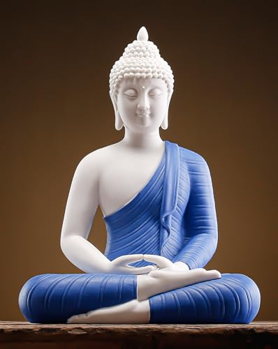 QINLANG تمثال بوذا الأزرق بارتفاع 12 بوصة لتزيين المنزل، تمثال بوذا من السيراميك للتأمل
