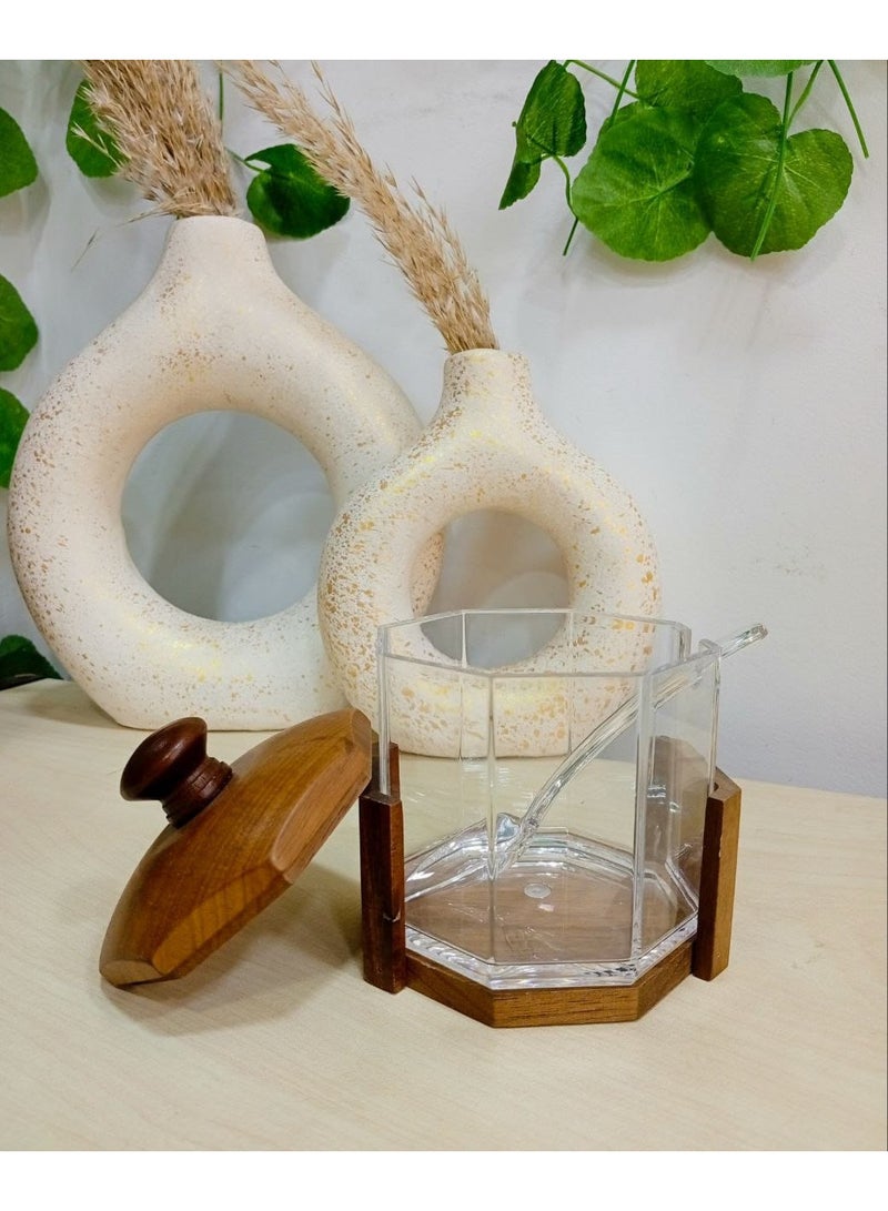 Acrylic sugar bowl on a wooden stand Unbreakable acrylic sugar bowl Slitted High-quality wooden stand and lid Acrylic spoon included with the sugar bowl - Image 2