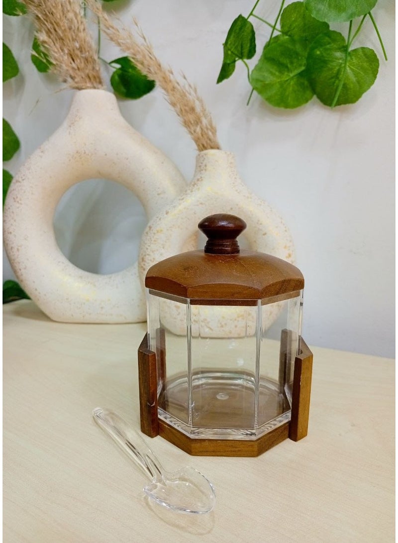 Acrylic sugar bowl on a wooden stand Unbreakable acrylic sugar bowl Slitted High-quality wooden stand and lid Acrylic spoon included with the sugar bowl - Image 1