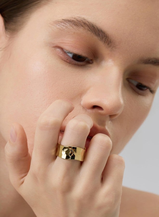 FRUMOS Gold Statement Rings for Women - 14K Gold Plated Trendy Stackable Promise Ring Wedding Bands for Women (Textured Band Ring, 9) - Image 3