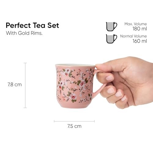 Shay Ceramic Tea Cups Set of 6, Pink Floral,180ml | Tea Cup Set of 6 | Glossy Finish | Premium Stoneware | Tea Set | Ceramic Tea Cup | Small Cups for Tea (Floral Tea Cups - Pink) - Image 3