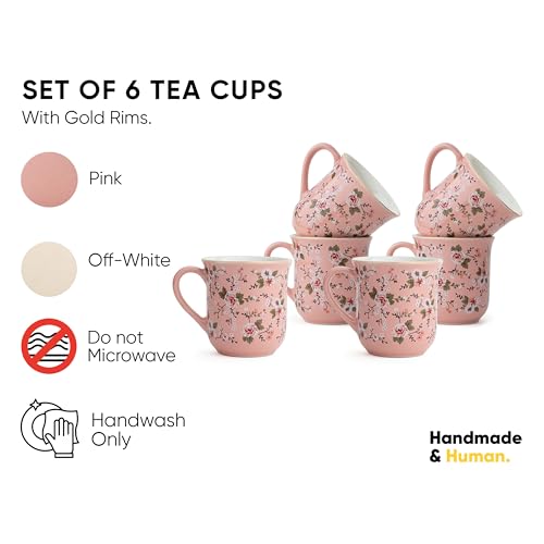 Shay Ceramic Tea Cups Set of 6, Pink Floral,180ml | Tea Cup Set of 6 | Glossy Finish | Premium Stoneware | Tea Set | Ceramic Tea Cup | Small Cups for Tea (Floral Tea Cups - Pink) - Image 2