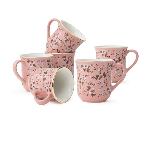Shay Ceramic Tea Cups Set of 6, Pink Floral,180ml | Tea Cup Set of 6 | Glossy Finish | Premium Stoneware | Tea Set | Ceramic Tea Cup | Small Cups for Tea (Floral Tea Cups - Pink) - Image 1