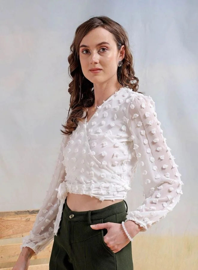 Women Regular Fit Textured V-Neck Long Sleeve Wrap Top