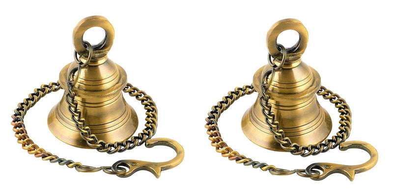 UAPAN Brass Wall Hanging Bell with Chain and Hanging Hook for Home Mandir Temple Decorative I Puja Room Pack of 2 Nos - Image 1