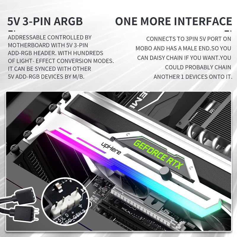 upHere 5V Addressable RGB White Graphics Card GPU Brace Support Video Card Sag Holder,Built-in 5V ARGB Strip,Adjustable Length and Height Support,G276WTARGB - Image 4