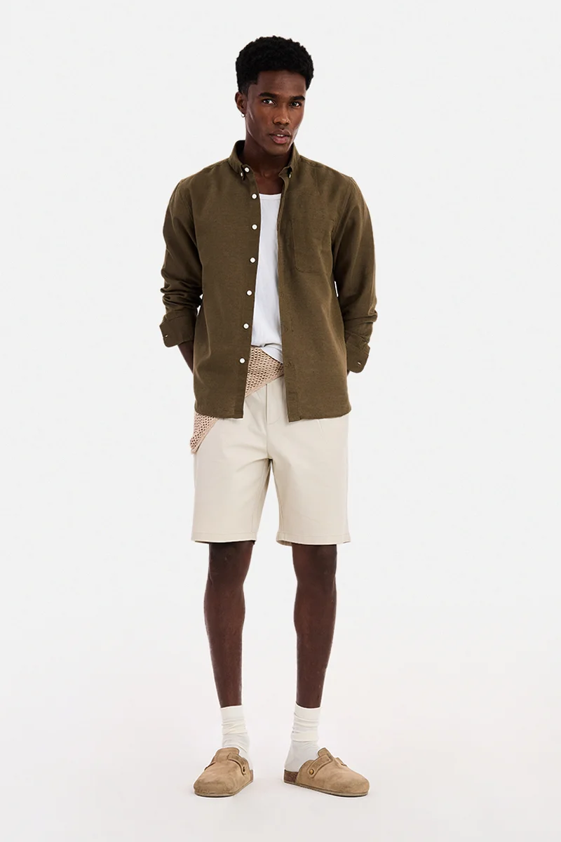 سنيتش Brown Solid Long Sleeve Regular Fit Casual Shirt