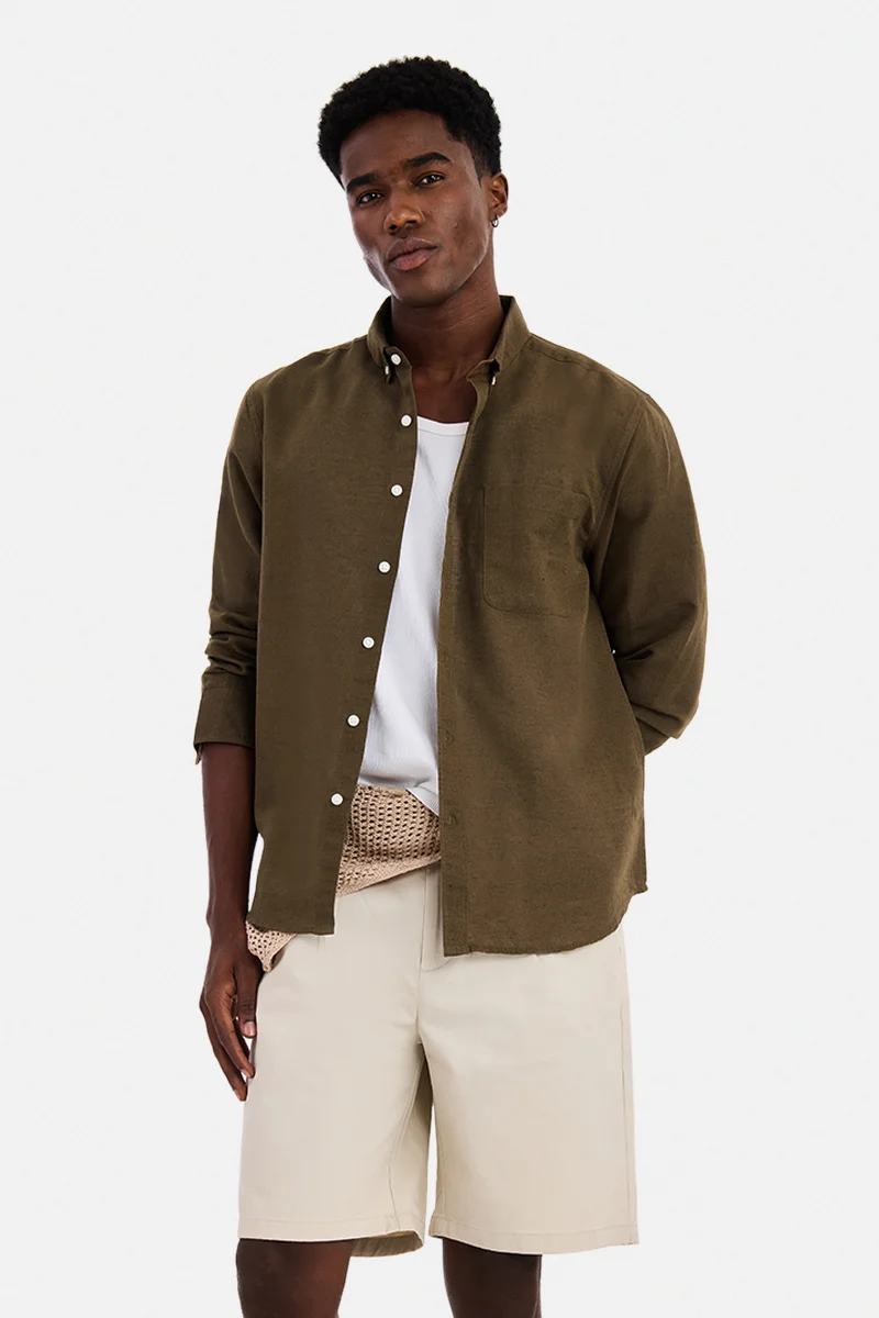 سنيتش Brown Solid Long Sleeve Regular Fit Casual Shirt