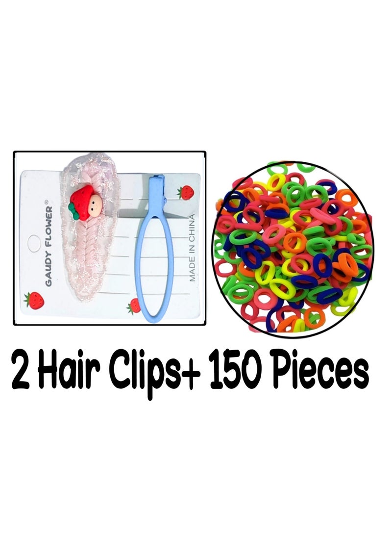 Set of 150 Girly colorful elastic hair bobbles ties and 2 hair clips - Image 1