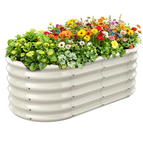 YSEJOMP 17" Tall Outdoor Garden Raised Garden Bed Kits, 4ft X 2ft Oval,0.8MM Thick Metal Raised Planter Bed/Ground Planter Box for Variety of Flowers,Herbs,Vegetables (Cream White, 48X24X16.5 Inches) - Image 1