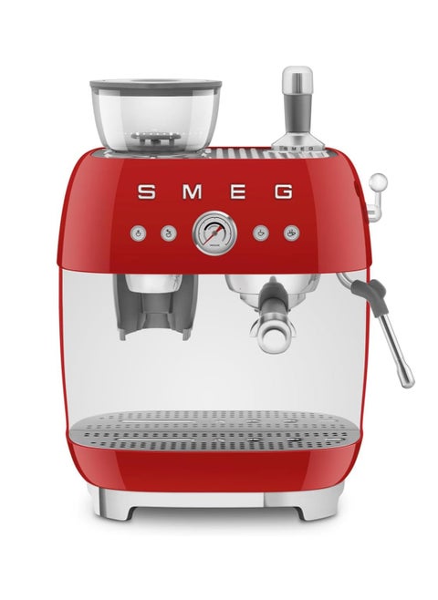 50’s Style Red Coffee Machine with Built-in Grinder, Stainless Steel Wand for Microfoam, Retro Design