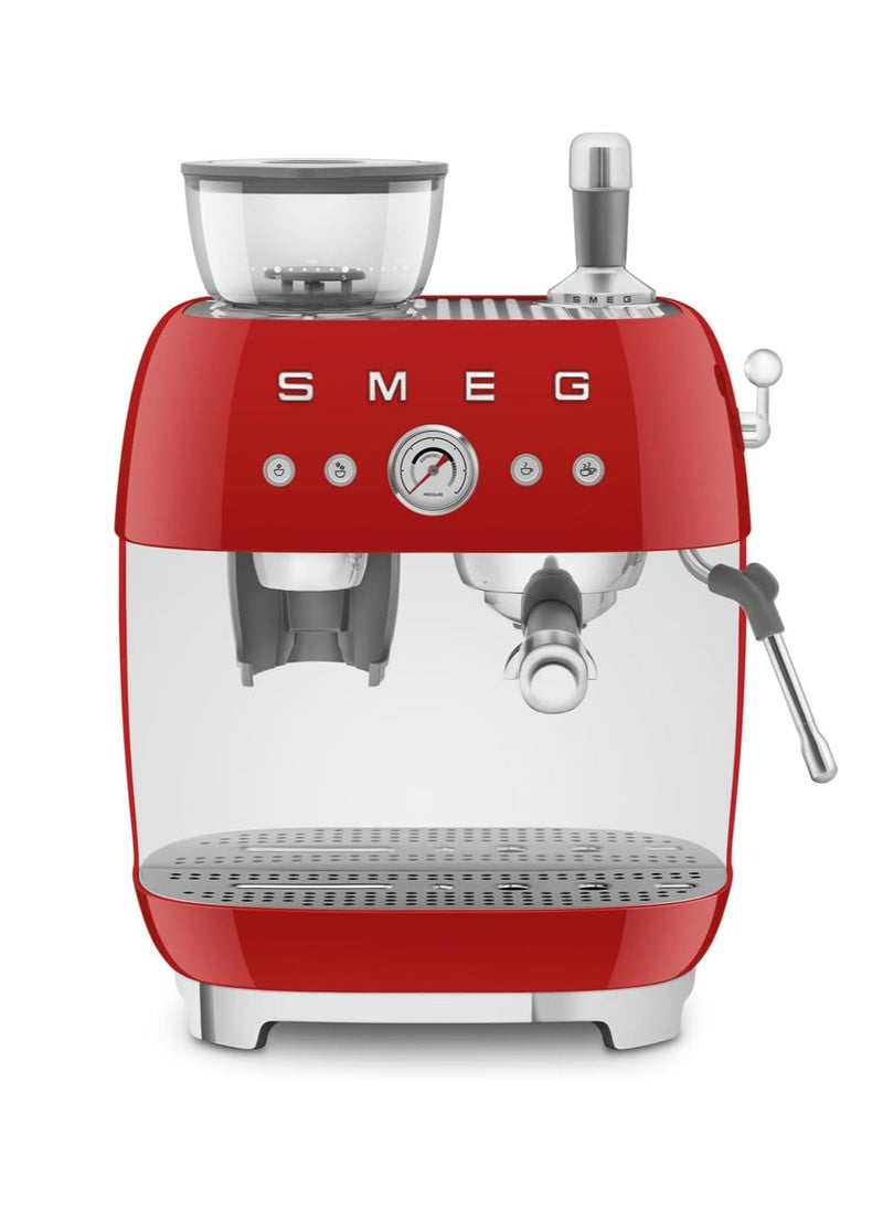 smeg - 50’s Style Red Coffee Machine with Built-in Grinder, Stainless Steel Wand for Microfoam, Retro Design - Image 1