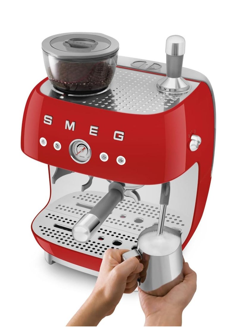 smeg - 50’s Style Red Coffee Machine with Built-in Grinder, Stainless Steel Wand for Microfoam, Retro Design - Image 1
