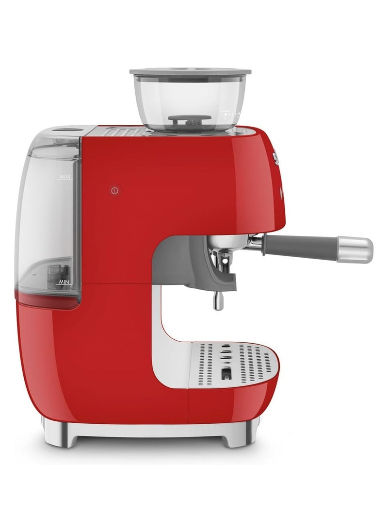 smeg - 50’s Style Red Coffee Machine with Built-in Grinder, Stainless Steel Wand for Microfoam, Retro Design - Image 1