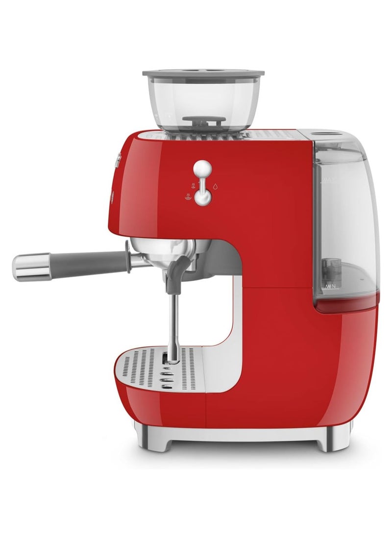 smeg - 50’s Style Red Coffee Machine with Built-in Grinder, Stainless Steel Wand for Microfoam, Retro Design - Image 1
