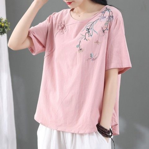 Vintage Embroidered Mom Style Cotton Linen T-Shirt for Women 2024 Ethnic Style New Loose Versatile Mid-Sleeve Top J # 111 pink