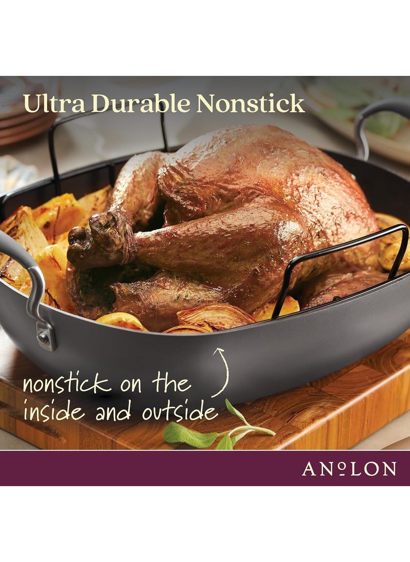 Anolon Anolon Advanced Hard Anodized Nonstick 2 Piece RoasterRoasting Pan with Wire Rack Oval 16 Inch x 13 Inch Dark Gray  - Image 5