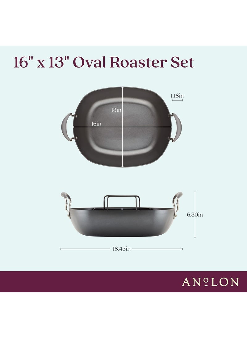 Anolon Anolon Advanced Hard Anodized Nonstick 2 Piece RoasterRoasting Pan with Wire Rack Oval 16 Inch x 13 Inch Dark Gray  - Image 2