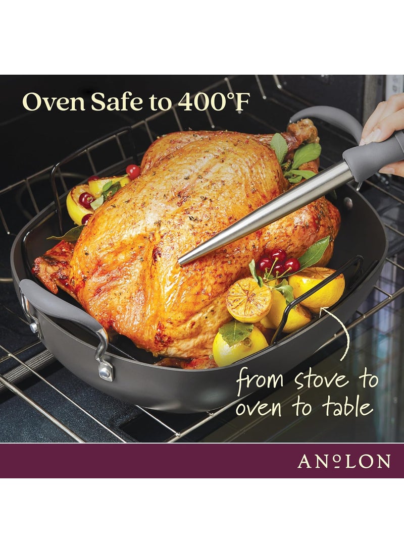 Anolon Anolon Advanced Hard Anodized Nonstick 2 Piece RoasterRoasting Pan with Wire Rack Oval 16 Inch x 13 Inch Dark Gray  - Image 3