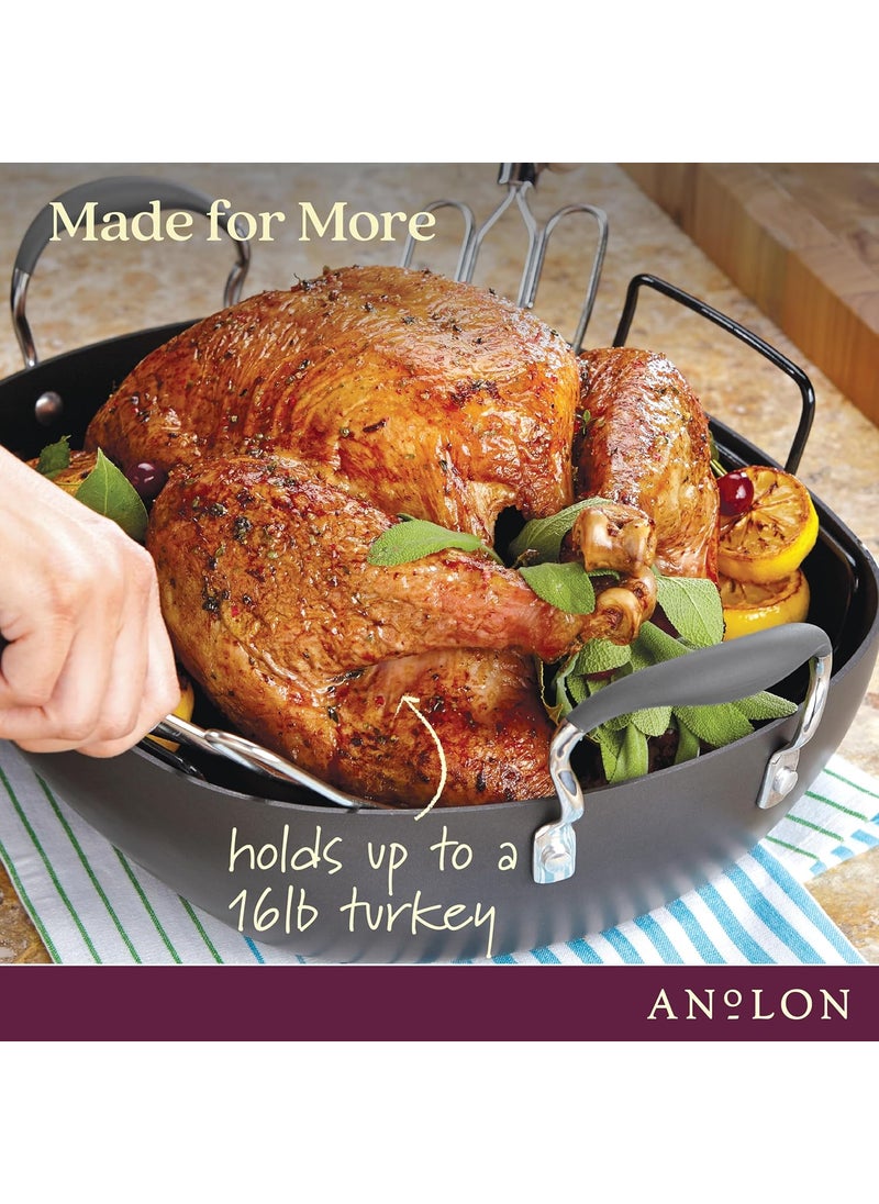 Anolon Anolon Advanced Hard Anodized Nonstick 2 Piece RoasterRoasting Pan with Wire Rack Oval 16 Inch x 13 Inch Dark Gray  - Image 4