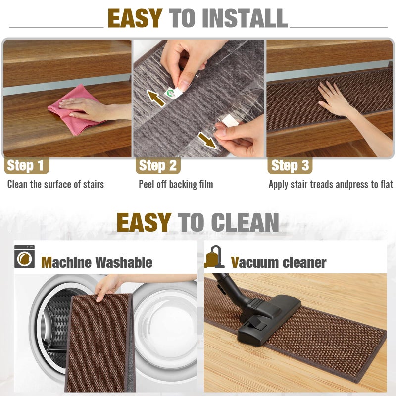 SMILOOL Stair Treads Non Slip for Wooden Steps Indoor 9" x 36" 15 Pack Extra Wide Stairs Tread Carpet Runner, Step Pads with Reusable Adhesive for Dogs Kids Elders, Machine Washable, Brown - Image 5