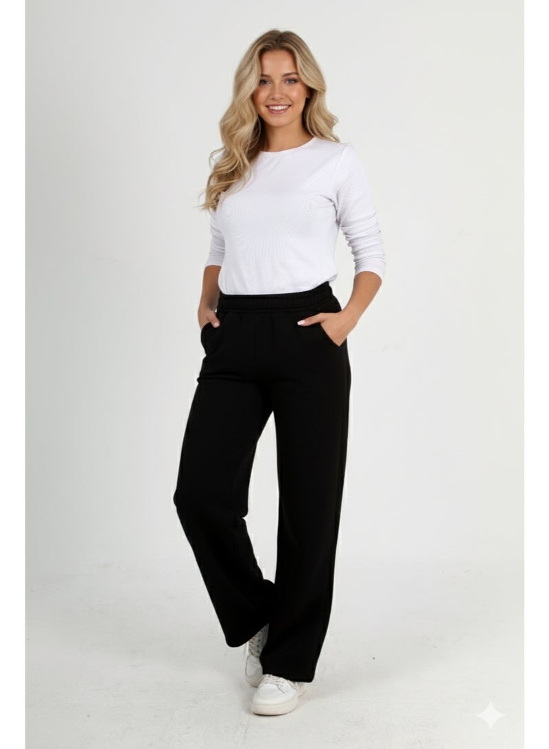 بنطلون حريمي شتوي قطن (ميلتون) لون اسود مميز واسع الارجل بخصر مطاطي وجيبين مريح ودافئ وناعم – كاجوال عصري، مناسب للعمل والجامعة وخروجات الاصدقاء - Image 2