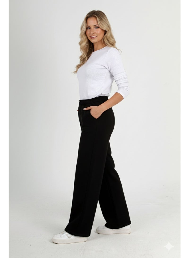 بنطلون حريمي شتوي قطن (ميلتون) لون اسود مميز واسع الارجل بخصر مطاطي وجيبين مريح ودافئ وناعم – كاجوال عصري، مناسب للعمل والجامعة وخروجات الاصدقاء - Image 1