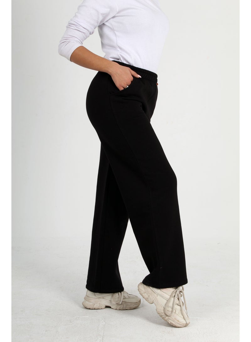 بنطلون حريمي شتوي قطن (ميلتون) لون اسود مميز واسع الارجل بخصر مطاطي وجيبين مريح ودافئ وناعم – كاجوال عصري، مناسب للعمل والجامعة وخروجات الاصدقاء - Image 3