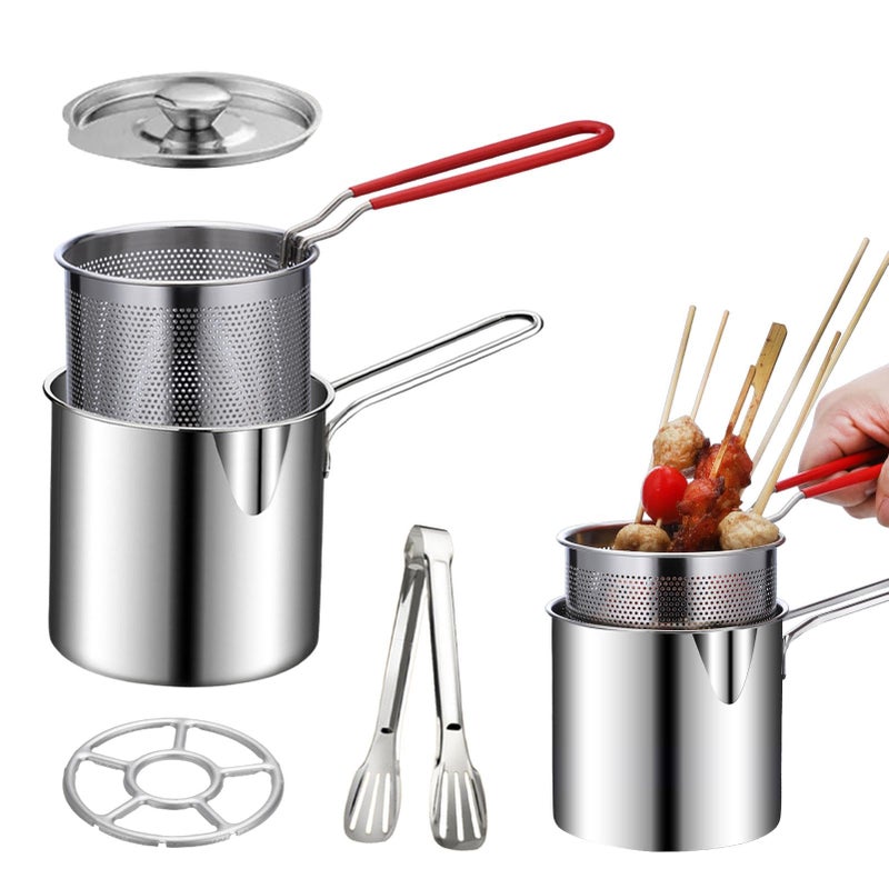 EMVANV Deep Fryer Pot Set,Mini Stainless Steel Fryer Deep Fryer Basket with Easy Grip Handle for French Fries, Fried Taro Balls, Fried Chicken Wings and Fried Fish(size:5 pcs) - Image 1