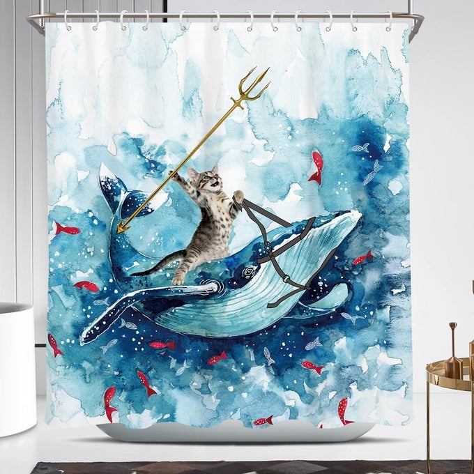 FUNNY CAT SHOWER CURTAIN CUTE FUN COOL RIDING WHALE OCEAN WAVE KIDS ANIME NAUTICA BEACH THEME SEA FISH HILARIOUS BATHROOM 72 X 72 INCH POLYESTER FABRIC 12 PACK HOOKS