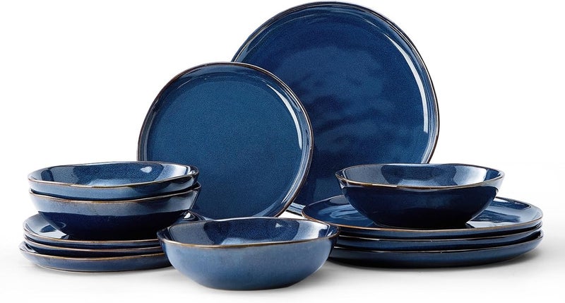 BEST ONE Bestone 12 Pieces Round Kitchen Dinnerware SetsPlates and Bowls SetsDishes Plates Bowls Dish Set Chip Resistant Ceramic Dinnerware Set DishwasherMicrowave SafeService for 4Cobalt Blue - Image 1