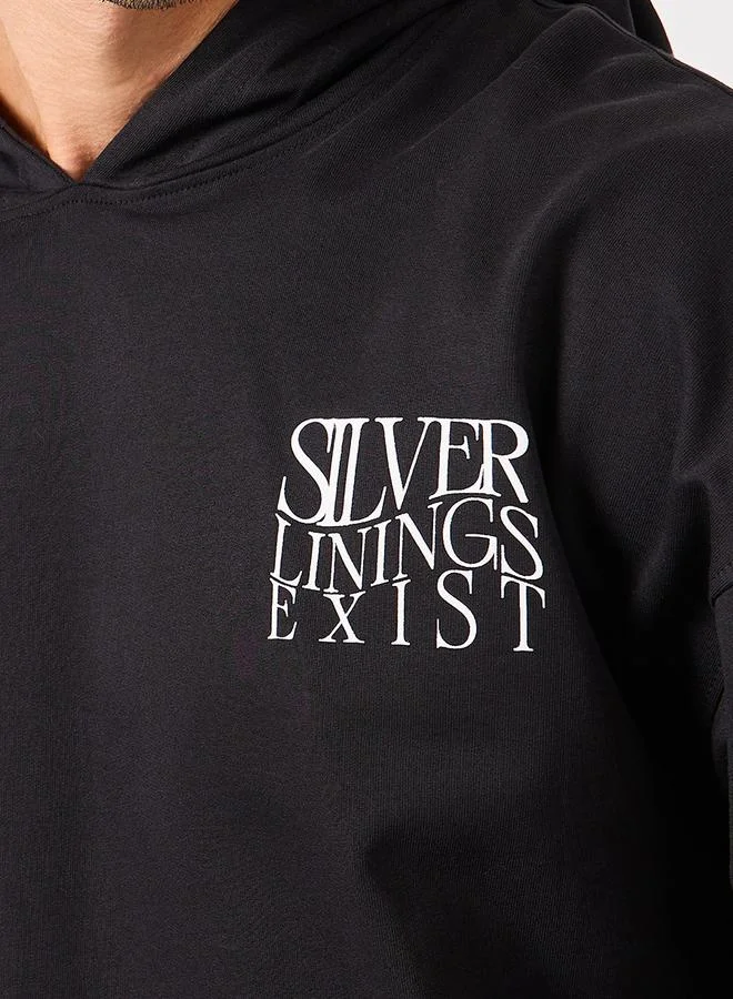 ستايلي Oversized Chest HD Text Print Terry Hoodie