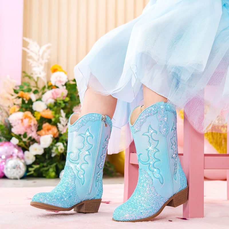 LAURMOSA Girls Cowgirl Boots Sparkly Blue Kids Western Frozen Cowgirl Boots Size 1 Ponited Toe Cowboy Glitter Little Girls Cowboy Rhinestone Horseback Riding Party Shoes(L1052Blue 1) - Image 2