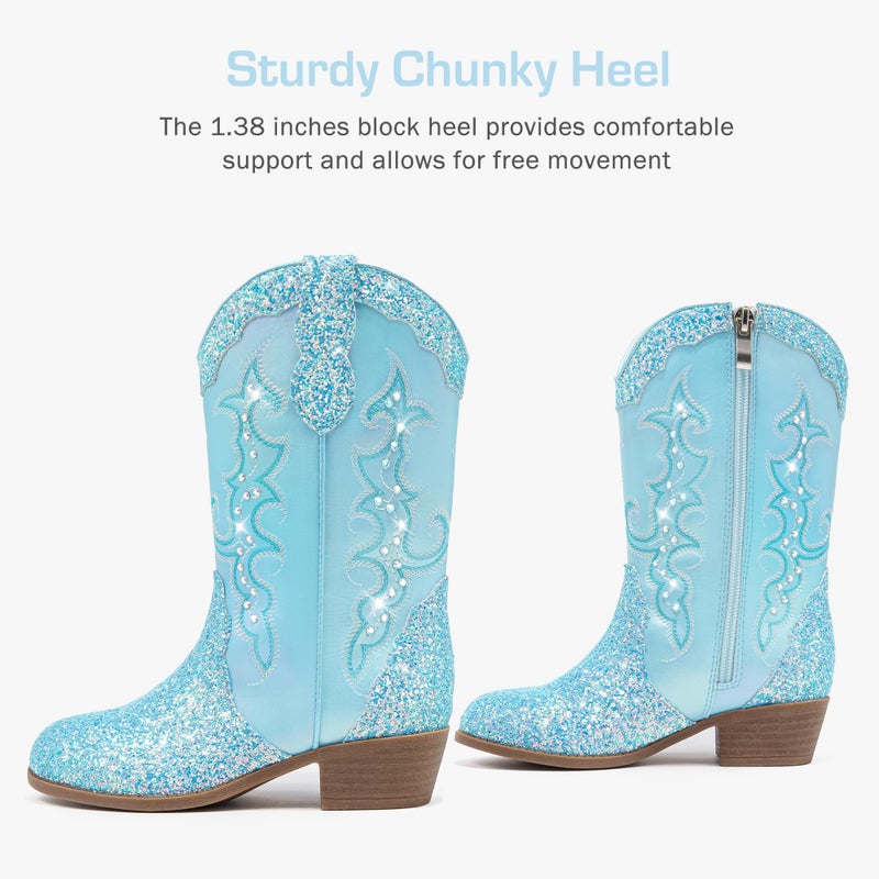 LAURMOSA Girls Cowgirl Boots Sparkly Blue Kids Western Frozen Cowgirl Boots Size 1 Ponited Toe Cowboy Glitter Little Girls Cowboy Rhinestone Horseback Riding Party Shoes(L1052Blue 1) - Image 5