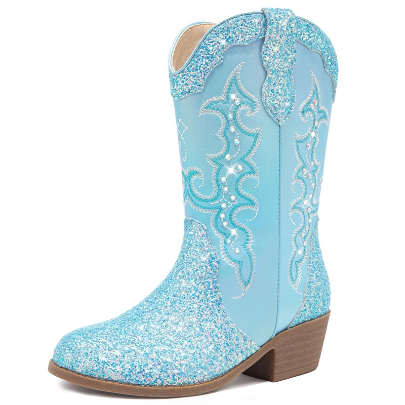 LAURMOSA Girls Cowgirl Boots Sparkly Blue Kids Western Frozen Cowgirl Boots Size 1 Ponited Toe Cowboy Glitter Little Girls Cowboy Rhinestone Horseback Riding Party Shoes(L1052Blue 1) - Image 1