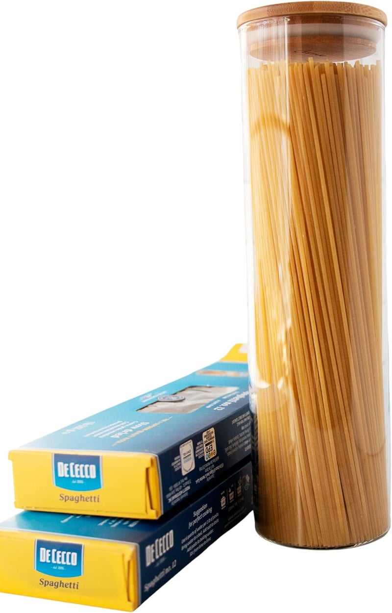 Cestari Pasta Storage Jars: Spaghetti Container Glass Pasta Jar with Bamboo Lid, Airtight Dry Food Storage Kitchen Canister for Snacks, Macaroni, Rotini, Noodles, Candy, and More; 1100 ml, 11.5 inches - Image 1