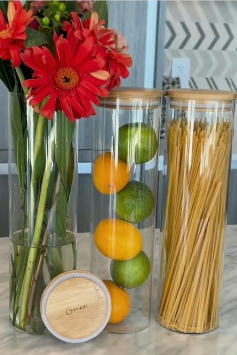 Cestari Pasta Storage Jars: Spaghetti Container Glass Pasta Jar with Bamboo Lid, Airtight Dry Food Storage Kitchen Canister for Snacks, Macaroni, Rotini, Noodles, Candy, and More; 1100 ml, 11.5 inches - Image 2