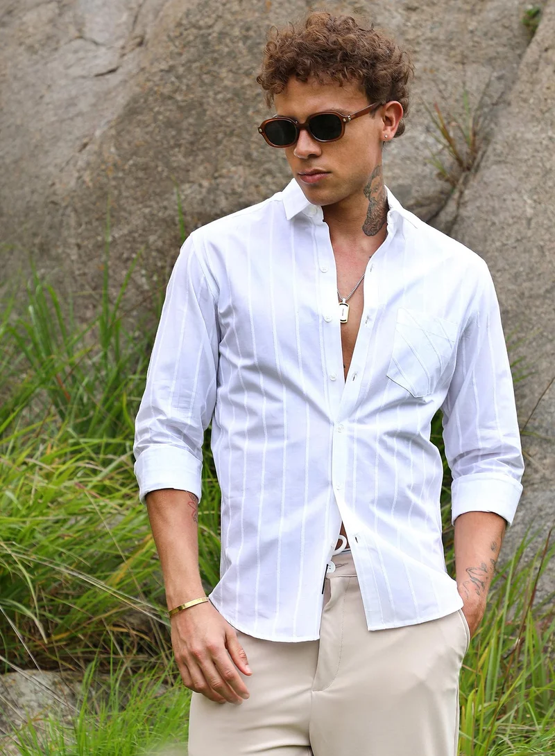 Men's Daisy White Pastel Striped Shirt For Casual Wear | Spread Collar | Long Sleeve | Button Closure | Shirt Crafted With Comfort Fit For Everyday Wear