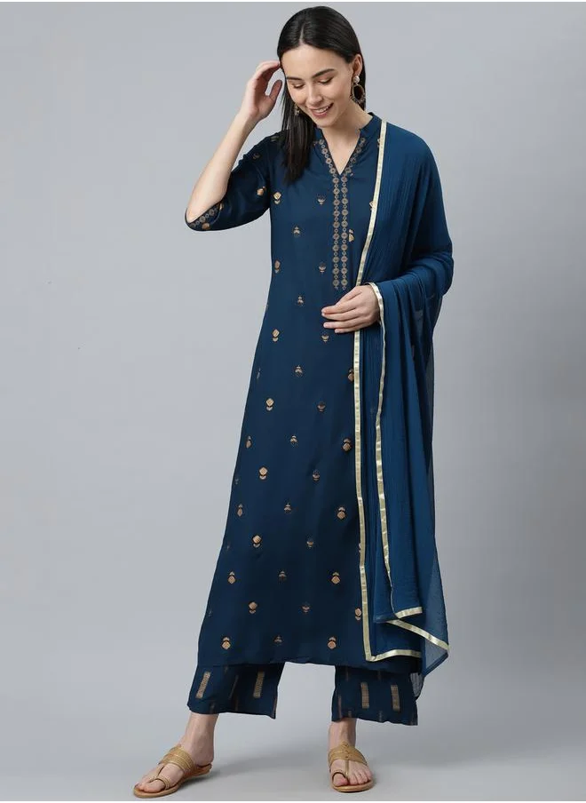 Libas All-Over Print Kurta and Palazzo with Solid Dupatta Set by Styli