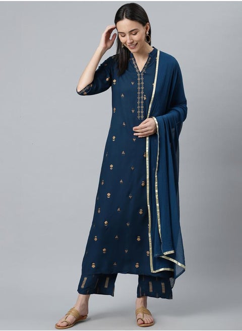 All-Over Print Kurta and Palazzo with Solid Dupatta Set by Styli