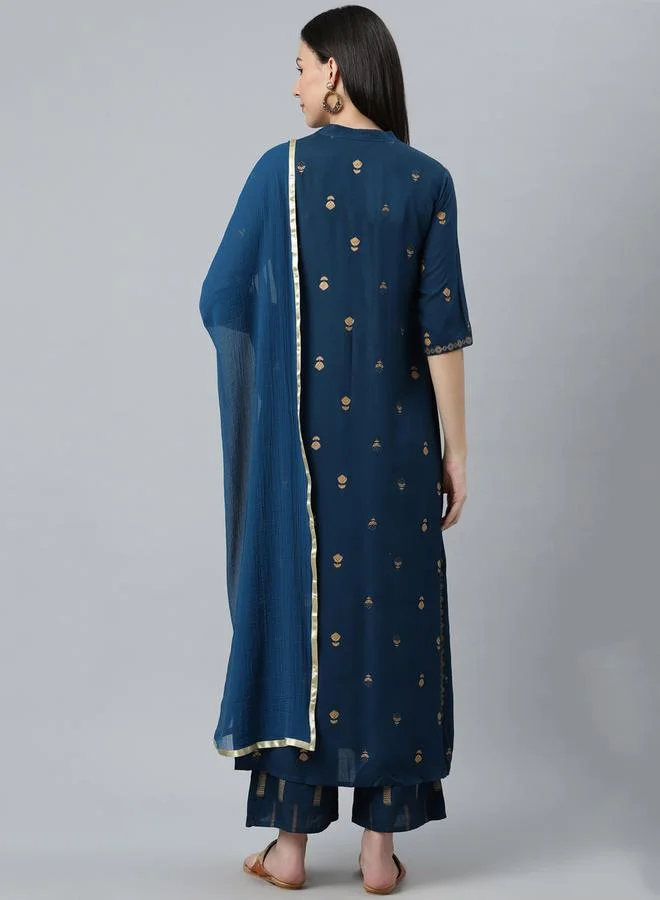 Libas Libas All-Over Print Kurta and Palazzo with Solid Dupatta Set